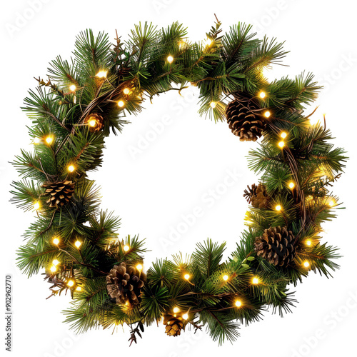 Christmas Wreath, Pine wreath with lights and pinecones, Festive Decoration on a transparent background.