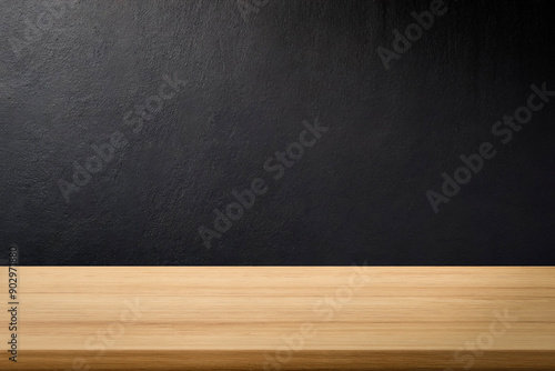 Empty wooden table top and color dark or gray wall background for showing products and advertisers. Template mock up for display of product. product promotion in the wall. for display or montage.