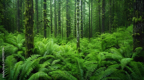 A temperate rainforest with mosscovered trees and abundant wildlife, habitat balance, rich biodiversity