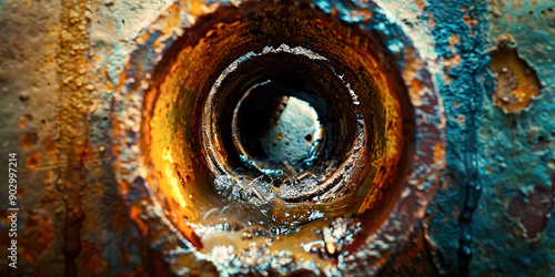 The rusty water inside the pipe