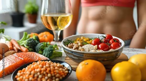  balanced lifestyle scene featuring a person eating a diet rich in nutrients beneficial for thyroid health, such as iodine and selenium, alongside exercise and wellness activities.