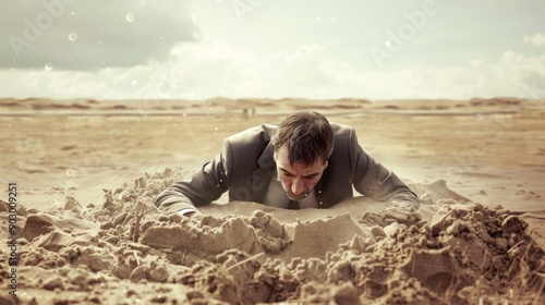 Businessman stuck in quicksand made of stock market losses, symbolizing financial downturn.