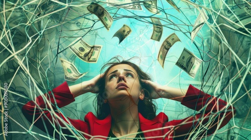 Woman trapped in a net of rising costs, symbolizing inflation entrapment.