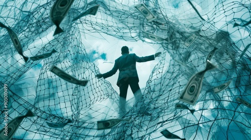 Person caught in a fishing net of financial fraud, illustrating deception in finance.