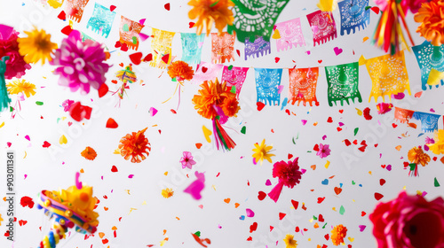 Mexican fiesta background with colorful decorations, confetti, guitar, and sombrero