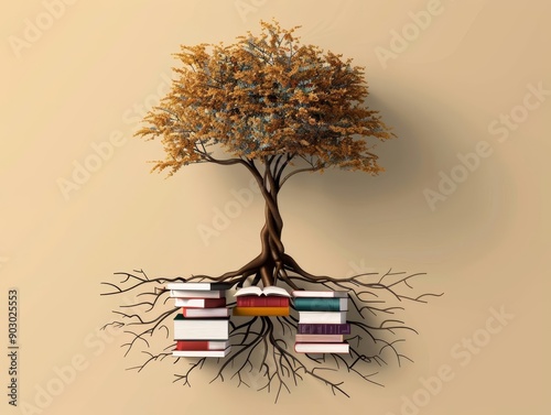 Knowledge tree with roots entwined with books and branches spreading out, symbolizing the foundational role of education in nurturing intellectual growth