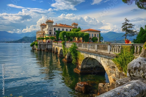 Stresa Italy. Isola Bella on Lake Maggiore featuring Palace and Picturesque Bridge