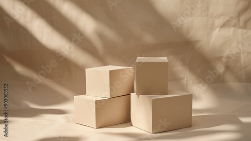 Minimalistic arrangement of cardboard boxes casting shadows on a beige background.