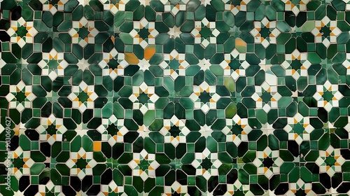 A green tile wall with a pattern of flowers