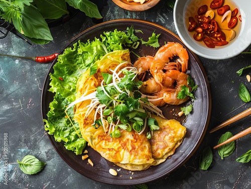 Banh Xeo. The most popular Vietnamese dishes. Crispy rice flour pancakes filled with shrimp, pork, bean sprouts, and herbs, typically wrapped in lettuce and dipped in fish sauce.