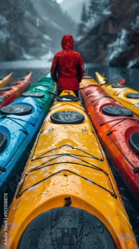 Captain of the kayaking team stands perpendicular in the boat in front of a row of kayaks. Top view