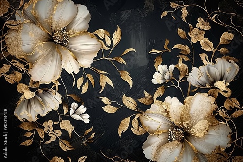 Elegant gold and black wallpaper mural with floral design for stylish interior decor. Generative AI