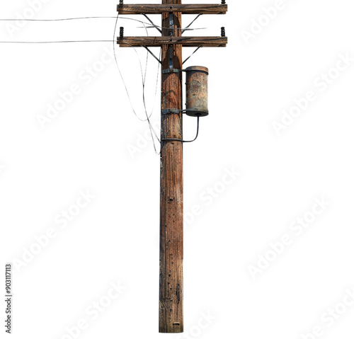 A rustic wooden utility pole standing tall, featuring electric wires and a transformer, symbolizing urban infrastructure.