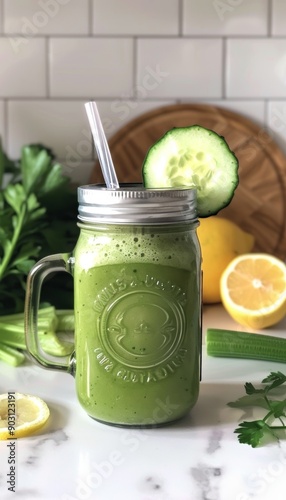 Fresh Green Detox Juice in Mason Jar with Cucumber, Celery, and Lemon on Marble Countertop