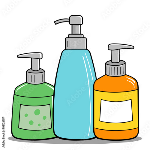 Hand drawn set of bottles with liquid soap. Cartoon style vector illustration.