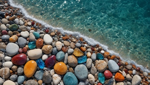 A mosaic of pebbles meets the turquoise waters of the aegean sea