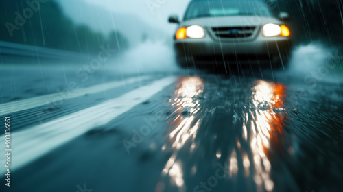 Car swerving on a flooded highway, emergency lights on, heavy rain, dark clouds above, dramatic scene 