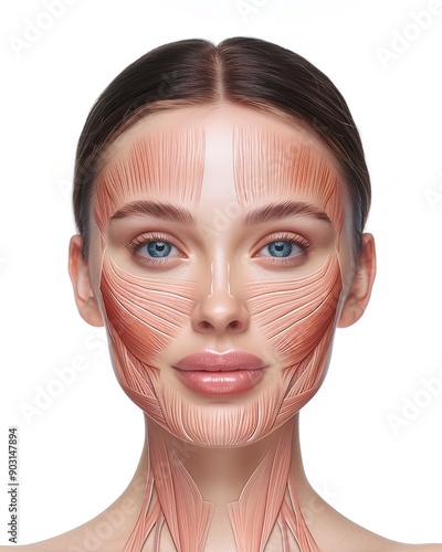 Frontal view of a young woman smiling, half of his face showing internal muscles anatomy