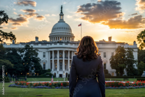 Democrat female politician standing in front of capitol hill. Back view of presidential candidate standing in front of the capitol