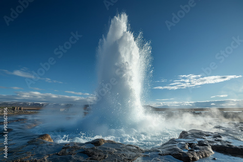 A large geyser erupts in the middle of a rocky landscape