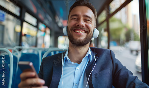 Uśmiechnięty mężczyzna w słuchawkach jedzie autobusem miejskim