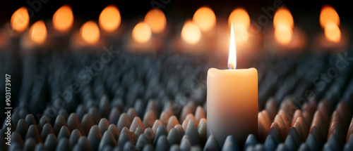 Single lit candle in a room full of extinguished candles, standing out of crowd concept, hope and uniqueness