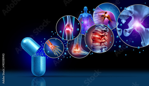 Joint pain medication and painful injury or arthritis medicine symbol for health care and pharmaceutical pills for medical symptoms treatment of pain in the joints.