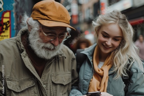 An elderly man wearing a cap shares a moment with a young woman as they look at a smartphone together, showing the bridging of generational gaps through technology.