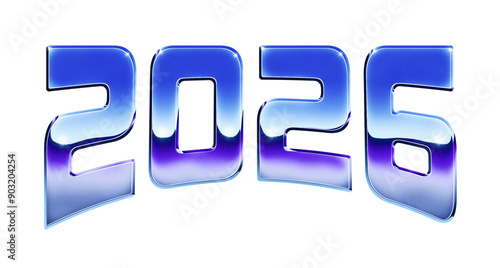 Year 2026 written in retro 1980s style chrome text effect isolated on transparent background