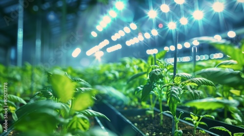 Green plants grow under artificial lights in an indoor greenhouse setting.