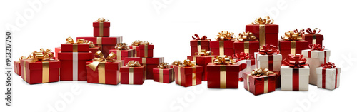 two piles of Christmas gift boxes, in row, Christmas presents as festive gift boxes, isolated