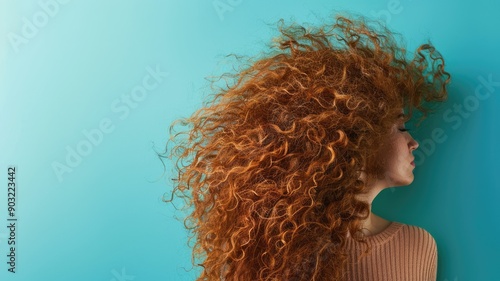 Woman with long, curly red hair in profile on blue background