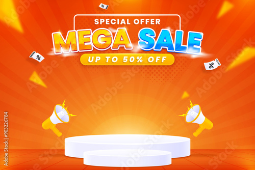 Colorful gradient mega sale background shop now with podium