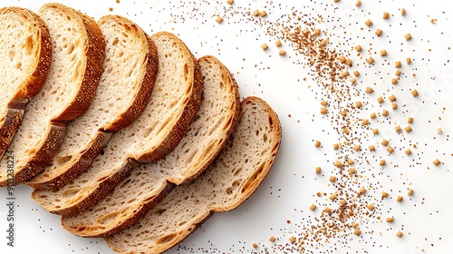 Freshly sliced loaves of bread arranged neatly on a white background, with crumbs scattered around, creating a clean and appetizing composition. 