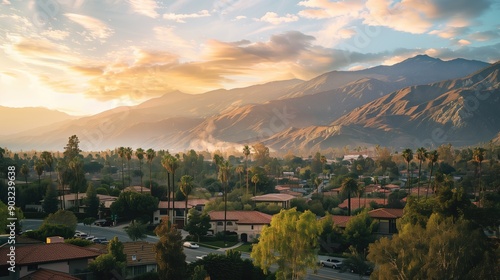 Stunning Sunset Over San Bernardino Mountains With Palm Trees and Residential Vistas