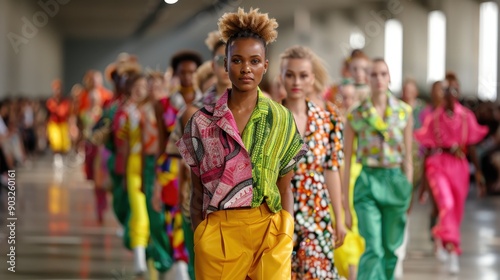 A stylish fashion show runway showcasing models in colorful, patterned outfits walking confidently down the catwalk, highlighting modern fashion trends and diversity.