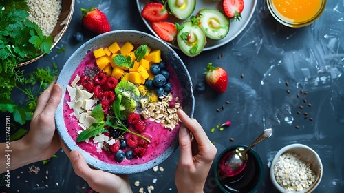 Person preparing a healthy and colorful smoothie