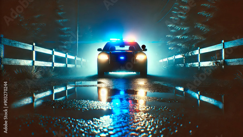 Police car on foggy night road