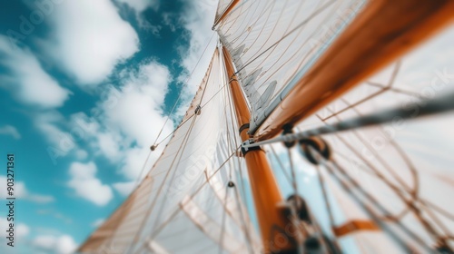 A detailed view looking up at a sailing boat's mast with its sails fully unfurled against a bright blue sky, highlighting the sailboat's structure and the serene maritime setting.