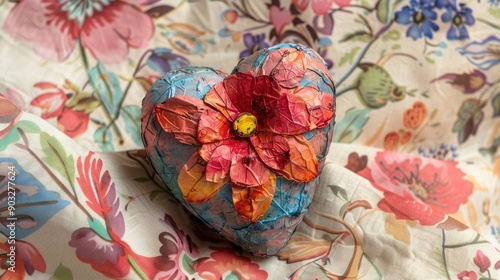 Paper mache heart and flower on fabric for crafts