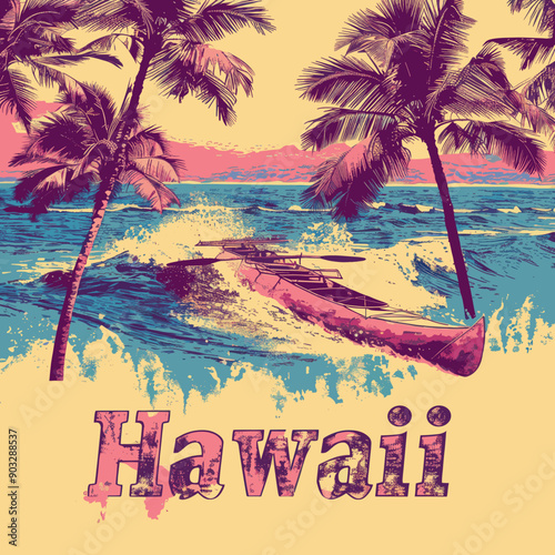 Vintage Hawaii travel poster with outrigger canoe, palm trees, ocean waves, and retro typography, perfect for tropical-themed decor and souvenirs, evoking nostalgic island vibes and adventure