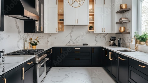 Modern cooking area with two-tone cabinets, gold-hued hardware, and luxurious marble backsplash