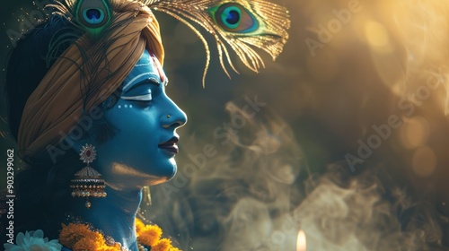 Divine celebration: happy krishna janmashtami, birth of lord krishna with joyous rituals, vibrant decorations, devotional songs, celebration of his timeless teachings and playful spirit.