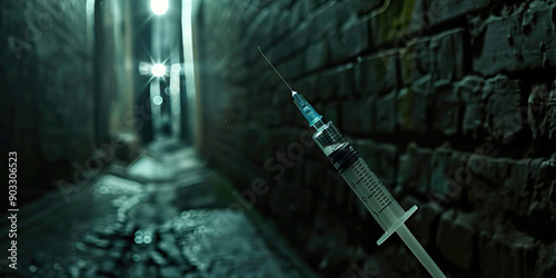 Unseen Assault: An empty alleyway, lit only by a faint streetlight, revealing a sinister-looking syringe.