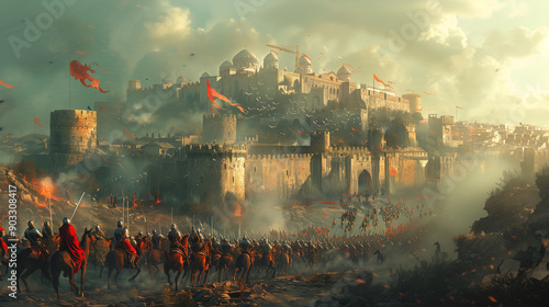 Dramatic Reconstruction of the Fall of Constantinople: Ottoman Troops Breaching the City Walls