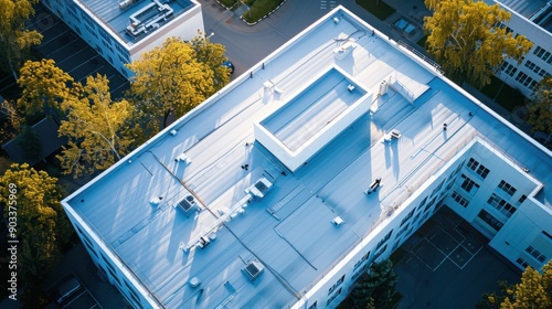 Aerial View of a Flat Roof: A drone's perspective captures a flat roof with HVAC units, surrounded by lush green trees and a neighboring building. The image showcases the expansive