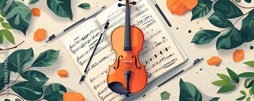 Sheet music, classical compositions, flat design illustration