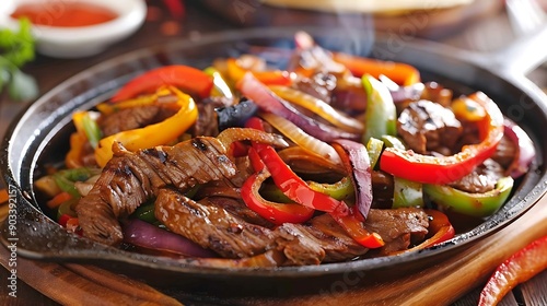 A plate of sizzling fajitas with meat and vegetables on plate