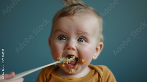 Enjoy eating baby. A baby showing an excited expression while being fed with a spoonful of baby food.