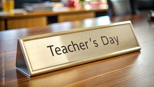 Gold nameplate on a desk with "Teacher's Day" text, close-up view, office setting.